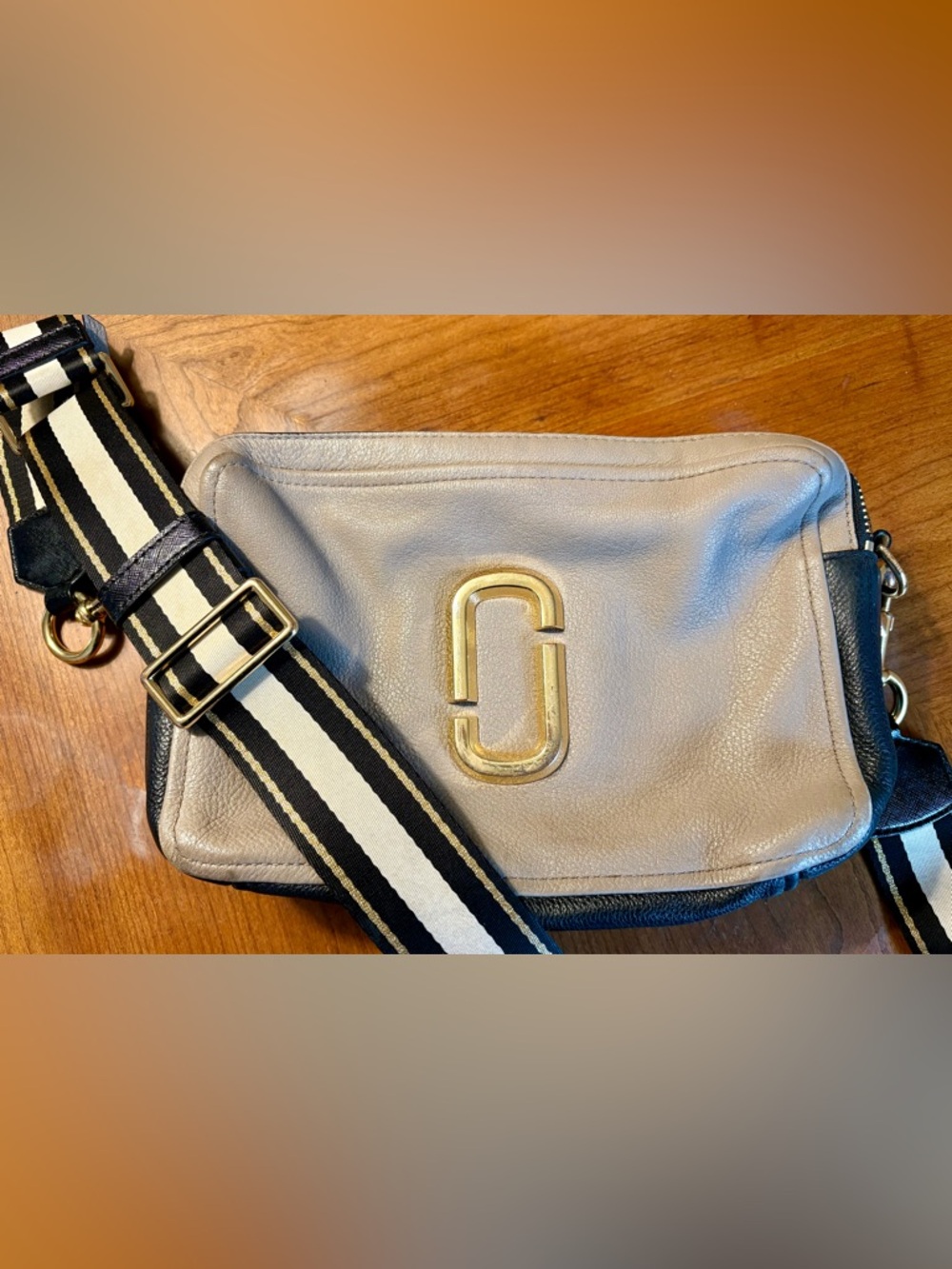 Marc Jacobs Taupe Leather Crossbody Gold Double J Large Purse Bag Softshot 21